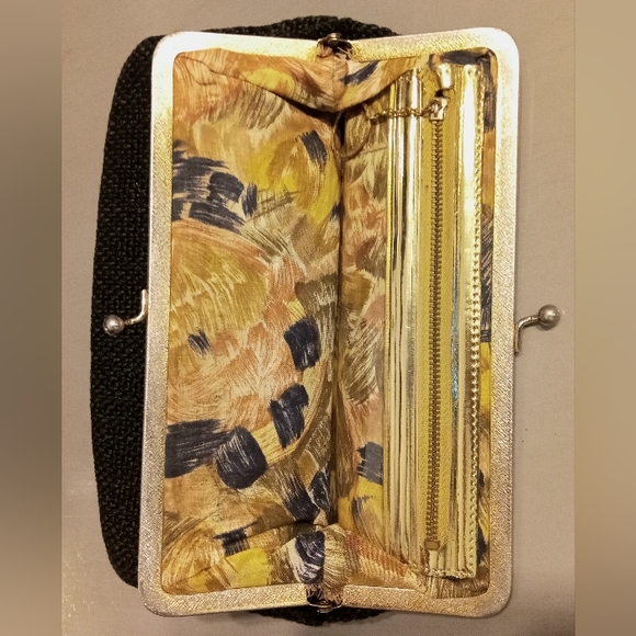 Vintage JR Fabric Wool Tweed Woven Black Purse Clutch Gold Pattern Lining - Picture 1 of 9